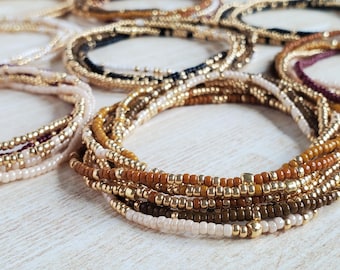 Neutral Beaded Bracelet Set Stackable Stretch Elastic Small Seed Bead in Gold White Black Brown Minimalist Boho Jewelry for Women Gift Idea