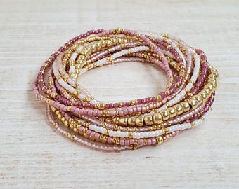 15 Bracelet Stack, Pink White & Gold, Stretch Seed Bead Bracelets, Minimalist Everyday Set, Valentine Gift for Her, Handmade in USA