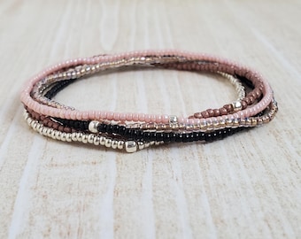Pink Black Seed Bead Bracelet Set - Stackable Stretch Bracelets - Silver, Gold, Rose Gold Options - Minimalist Boho Jewelry -Handmade in USA