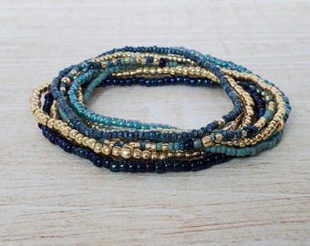 Blue & Gold Beaded Bracelet Set | Dainty Boho Layering Stack | Handmade Jewelry Gift for Her | Custom Sizes | Simple Trendy Jewelry