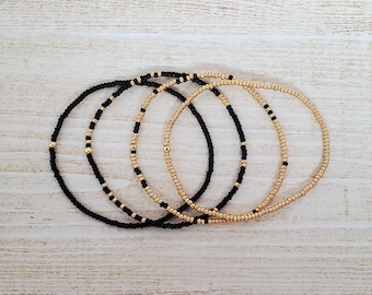 Black & Gold Seed Bead Bracelets for Women Stackable Stretch Set Dainty Handmade Jewelry Everyday Boho Trend Gift Elegant Minimalist Jewelry