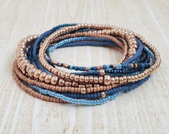 Blue and Champagne Gold Seed Bead Bracelet Set, Stackable Stretch Bracelets, Gift Set of 13 Bracelets, Handmade in USA