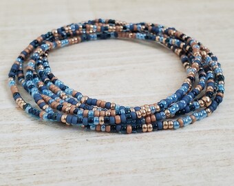 Blue and Gold Seed Bead Bracelet Set, Stackable Stretch Bracelets, Dainty Boho Jewelry, Minimalist Beaded Bracelet Stack, Handmade in USA