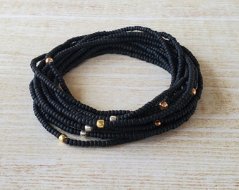 Bracelet Stack Black and Mixed Metallic Gift for Him Small Frosted Glass Seed Bead Bracelet Set for Men or Women Unique Gift for Boyfriend