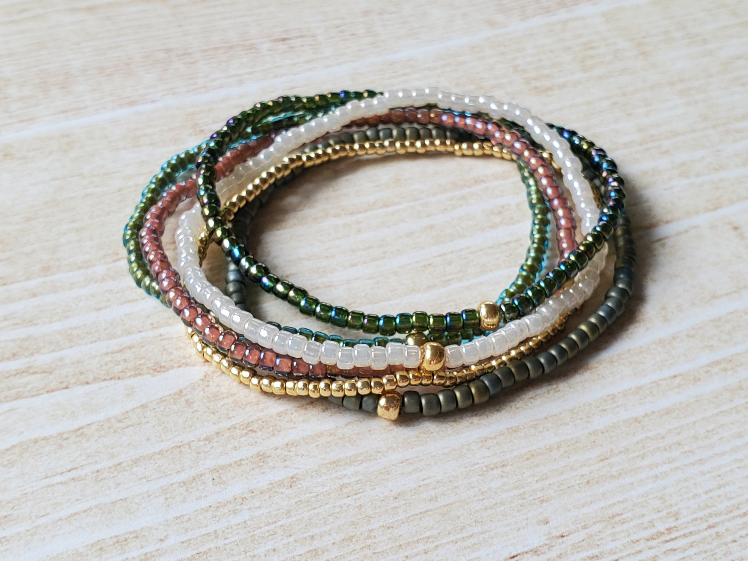 Pink & Green Bracelet Set Minimalist Beaded Bracelet Stack for Mom Dainty Stretch Bracelet Small Seed Bead Bracelet for Women Boho Handmade