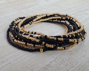Seed Bead Bracelets for Women Black & Gold Stackable Stretch Set Dainty Handmade Jewelry Everyday Boho Trend Gift Elegant Minimalist Jewelry