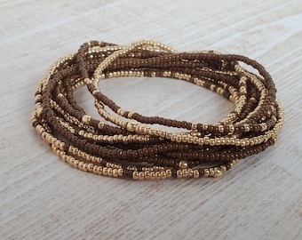 Handmade Brown & Gold Seed Bead Bracelet Set - Stackable Boho Jewelry