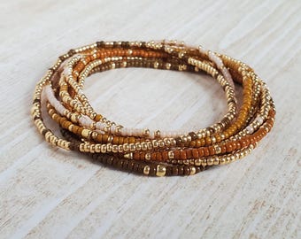 Brown and Gold Beaded Boho Bracelet, Stretchy Elastic Bracelets for Stacking, Earthy Seed Bead Jewelry, Set of 8 Bracelets