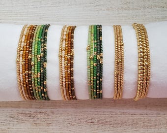 Green, Brown & Gold Beaded Bracelets – Neutral Boho Stackable Set – Stretchy Minimalist Jewelry for Women – Handmade Gift Made in USA