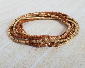 Gold & Brown Beaded Bracelet Set | Handmade Stretchy Jewelry | Neutral Boho Stack for Women | Dainty and Elegant