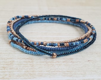 Blue and Champagne Gold Seed Bead Bracelet Set, Stackable Stretch Bracelets, Dainty Minimalist Boho Jewelry, Handmade in USA
