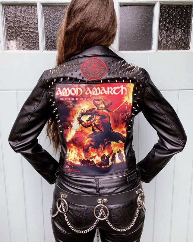 Image of Amon Amarth Black Studded Leather Jacket Day Raven Clothing