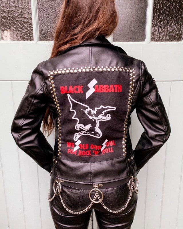 Image of Black Sabbath Studded Leather Jacket Day Raven Clothing