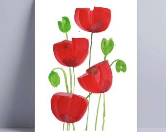 Red Abstract Poppies Printable, Poppies Printable Wall Art, Watercolor Poppies Digital Art, Abstract Flowers Wall Art Instant Download