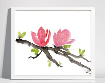 Magnolia Painting Pink Wall Art Floral Artwork Original Watercolor on Paper with Flowers Gift for Nursery Bedroom Home Decor