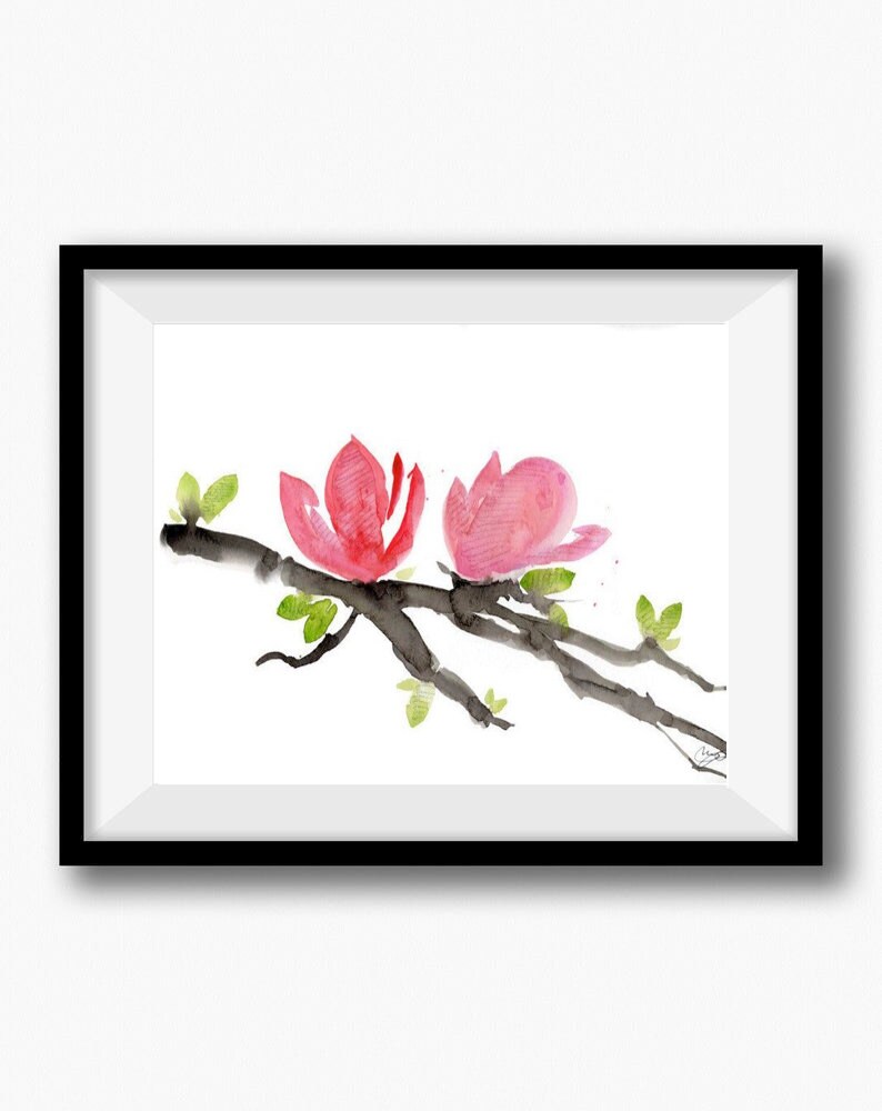Magnolia Chinese Brush Painting Spring Flowers Watercolor Painting Pink Blossoms Wall Art 9x12