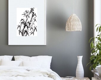 Bamboo Painting Black White Wall Art Japanese Sumie Artwork Ink Original Watercolor Painting on Paper Simple Gift Nursery Bedroom Home Decor