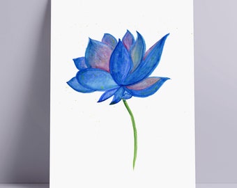 Lotus Printable Wall Art, Lotus Flower Poster, Blue Lotus Watercolor, Single Flower Painting