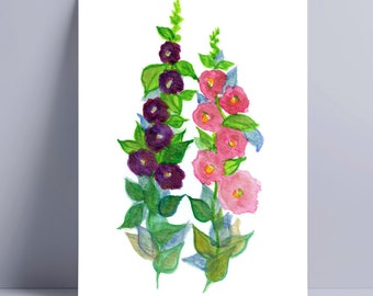 Hollyhock Flowers Printable, Hollyhocks Printable Wall Art, Watercolor Flowers Digital Art, Hollyhocks Watercolor Painting Instant Download