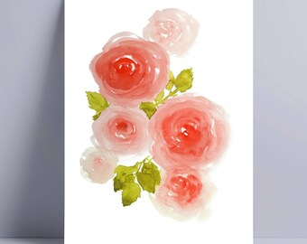 Roses Printable Wall Art, Roses Digital Art Print, Vintage Roses Watercolor Painting, Orange Roses Watercolor Poster