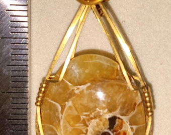 May include: A pendant featuring a fossilized ammonite encased in a gold-colored wire frame. The fossil displays a spiral pattern with shades of brown, orange, and yellow. The number "393" is visible in red at the top.
