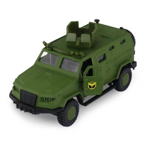 May include: A green toy armored vehicle with a spare tire, open door, and a gunner's turret. The vehicle has black tires and a yellow emblem on the door. The toy is a miniature replica of a military vehicle.