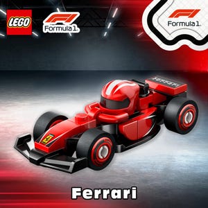 May include: A red LEGO Ferrari Formula 1 race car. The car has black tires and a red driver's helmet with a white stripe. The LEGO and Formula 1 logos are in the upper left corner. The word "Ferrari" is at the bottom.