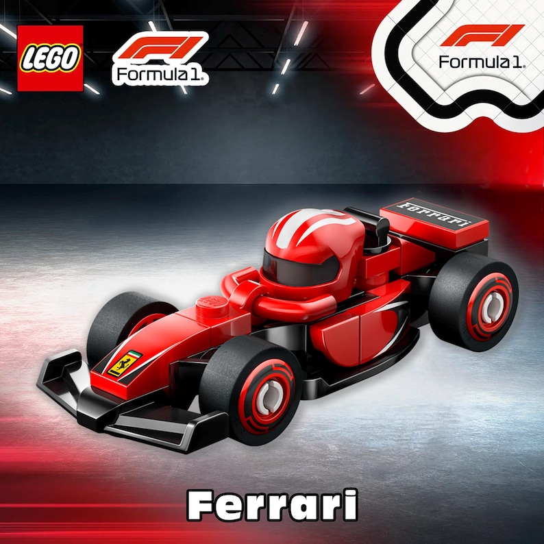 May include: A red LEGO Ferrari Formula 1 race car. The car has black tires and a red driver's helmet with a white stripe. The LEGO and Formula 1 logos are in the upper left corner. The word "Ferrari" is at the bottom.