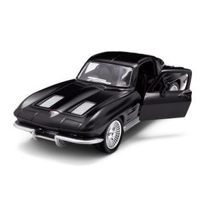 May include: A black die-cast model car with the driver's side door open. The car has a sleek design with silver rims and a detailed interior. The hood features two silver vents. A classic car collectible.