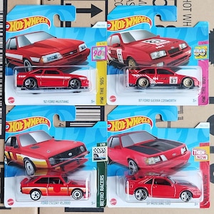 Set of 4 Hot Wheels Ford Diecast 1/64 Scale Models - Rare Find Red Color Ford Mustang, Ford Sierra, Ford Escort, American Car Collector Gift