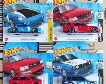 Set of 4 Hot Wheels German Cars Diecast 1/64 Scale Models - Rare Find Porsche Carrera, BMW M3, Mercedes-Benz, Audi Avant Car Collector Gift
