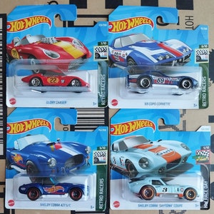 Hot Wheels Set of 4 Retro Race Car 1/64 Diecast Scale Models, Rare Find Collectible Shelby Cobra, Corvette. Perfect Boyfriend Car Guy Gift
