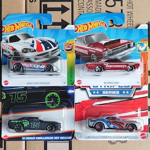 Gift Set of 4 Hot Wheels Dodge Diecast 1/64 Scale Models - Rare Find Dodge Challenger, Dodge Viper, Dodge Dart American Muscle Car Guy Gift