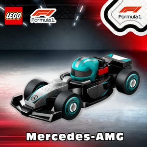 May include: A LEGO Mercedes-AMG Formula 1 race car model. The black and silver car features teal accents on the wheels and driver's helmet. The LEGO and Formula 1 logos are visible in the top left and right corners. The text "Mercedes-AMG" is at the bottom.