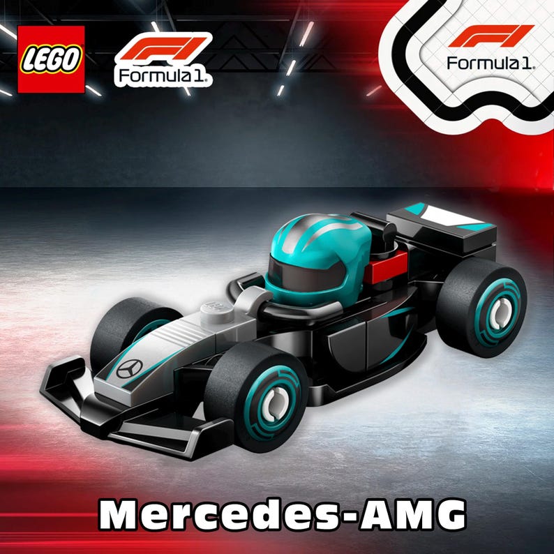 May include: A LEGO Mercedes-AMG Formula 1 race car model. The black and silver car features teal accents on the wheels and driver's helmet. The LEGO and Formula 1 logos are visible in the top left and right corners. The text "Mercedes-AMG" is at the bottom.