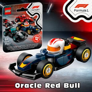 Puede incluir: Un juego de coches de carreras Lego Oracle Red Bull Formula 1. El juego incluye un coche de carreras azul oscuro con detalles amarillos y rojos, neumáticos negros y un casco blanco con rayas rojas. Para mayores de 6 años, 29 piezas.