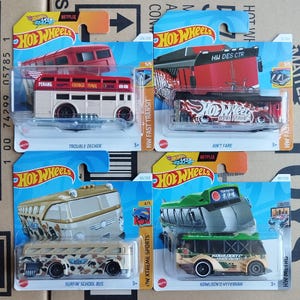 Set of 4 Hot Wheels Bus Diecast 1/64 Scale Models - Rare Find London Double Decker, School Bus Treasure Hunt Collectible Car Collector Gift
