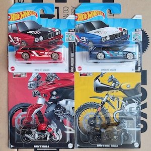 Gift Set of 4 Hot Wheels BMW Diecast 1/64 Scale Models - Rare Find BMW M3 Wagon and BMW Motocycle Car and Bike Collector Gift for Boyfriend
