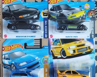 Set of 4 Hot Wheels Nissan Skyline Fast and Furious, Mitsubishi Lancer, Mazda Miata, Honda Civic Diecast Scale Models, Japanese Car Guy Gift