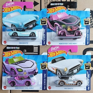 Set of 4 Hot Wheels Barbie Corvette and Monster High Ghoul Mobile Rare Find Diecast 1/64 Scale Models, Perfect Movie Fan Gift for Girlfriend