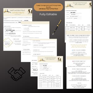 May include: A bundle of consignment forms and pricing guides. The documents are white with black text and gold accents. A pen rests on the forms. The text includes "Consignment Contract" and "How to Price Form".