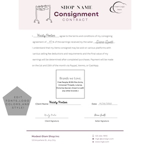 May include: A consignment contract template with the shop name and logo. The document includes sections for client and seller signatures, agreement terms, and brand information. The date is November 29, 2022.