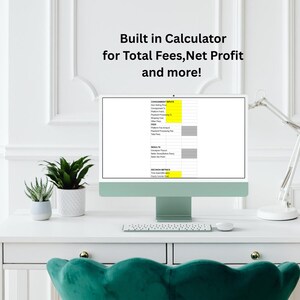 May include: A computer monitor displays a spreadsheet with financial data, including "Total Fees, Net Profit, and more!" The monitor sits on a white desk with a keyboard, mouse, and a desk lamp. Two potted plants and a green chair are also visible.