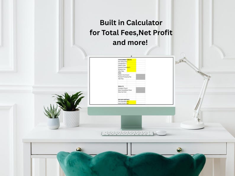 May include: A computer monitor displays a spreadsheet with financial data, including "Total Fees, Net Profit, and more!" The monitor sits on a white desk with a keyboard, mouse, and a desk lamp. Two potted plants and a green chair are also visible.