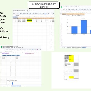 May include: A digital inventory tracker bundle for consignment businesses. The image shows Google Sheets spreadsheets with data tables, charts, and financial summaries. The bundle includes features for organizing, tracking profit, and instant download.
