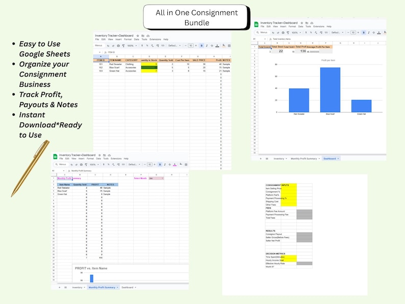 May include: A digital inventory tracker bundle for consignment businesses. The image shows Google Sheets spreadsheets with data tables, charts, and financial summaries. The bundle includes features for organizing, tracking profit, and instant download.