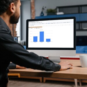 May include: A person working on a desktop computer displaying a bar graph with blue bars. The computer is on a wooden desk, with a white mug and books nearby. The person is wearing a black shirt.
