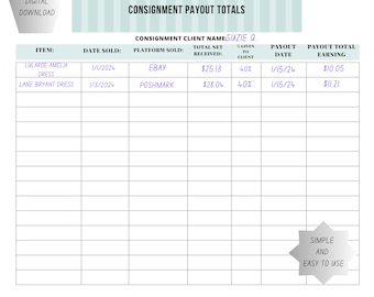 Instant Editable CANVA Download Consignment Payout/Receipt/Chart Two Page Printable
