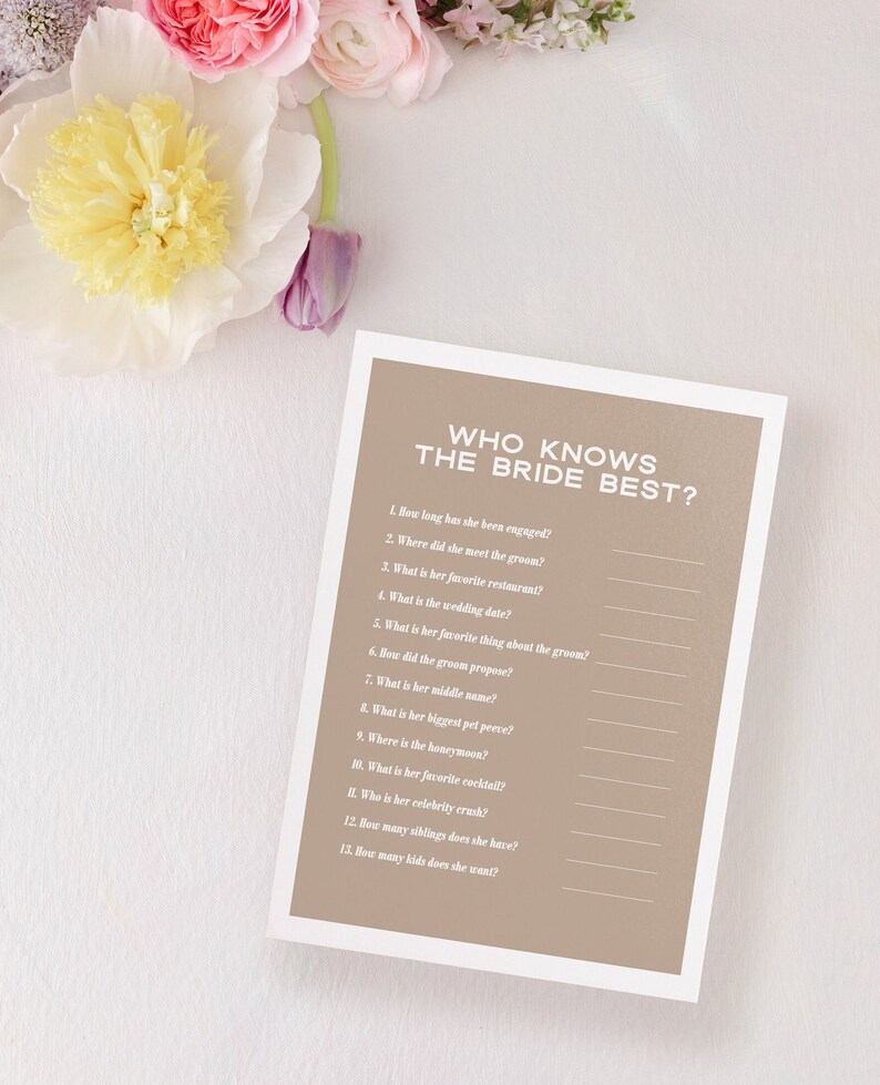 Who Knows the Bride Best Shower Game, Shower Party Games, Modern Wedding Shower Party Games