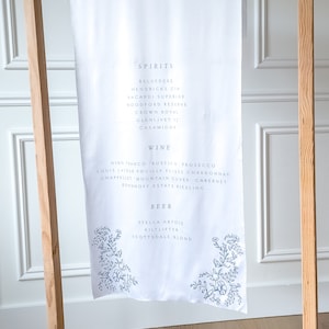 Letrero de la barra de bodas, letrero de la barra de bodas de tela, letrero de la barra de bebidas exclusiva, menú de tela de bebidas exclusivas, letrero de la barra, letrero de la boda floral